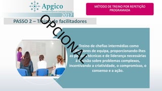 - Treino de chefias intermédias como
facilitadores de equipa, proporcionando-lhes
as perícias técnicas e de liderança necessárias
à decisão sobre problemas complexos,
incentivando a criatividade, o compromisso, o
consenso e a ação.
PASSO 2 – Treino de facilitadores
2017
 