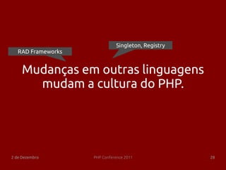 Singleton, Registry
   RAD Frameworks


     Mudanças em outras linguagens
       mudam a cultura do PHP.




2 de Dezembro       PHP Conference 2011             28
 
