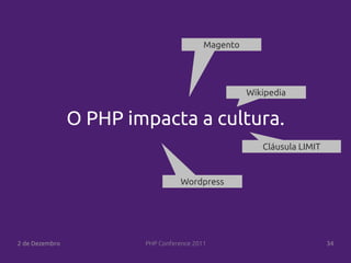 Magento




                                                    Wikipedia


                O PHP impacta a cultura.
                                                       Cláusula LIMIT


                                   Wordpress




2 de Dezembro           PHP Conference 2011                             34
 