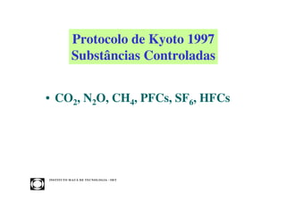 Protocolo de Kyoto 1997
                Substâncias Controladas


• CO2, N2O, CH4, PFCs, SF6, HFCs




INST ITU T O M A U Á D E T EC N O L O G IA - IM T
 