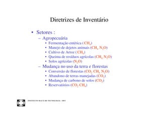 Diretrizes de Inventário

    • Setores :
             – Agropecuária
                      •   Fermentação entérica ( CH4)
                      •   Manejo de dejetos animais (CH4 N2O)
                      •   Cultivo de Arroz ( CH4)
                      •   Queima de resíduos agrícolas (CH4, N2O)
                      •   Solos agrícolas (N2O)
             – Mudança no uso da terra e florestas
                      •   Conversão de florestas (CO2 CH4 N2O)
                      •   Abandono de terras manejadas (CO2)
                      •   Mudança de carbono de solos (CO2)
                      •   Reservatórios (CO2 CH4)


INST ITU T O M A U Á D E T EC N O L O G IA - IM T
 