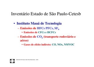 Inventário Estado de São Paulo-Cetesb

 • Instituto Mauá de Tecnologia
     – Emissões de HFCs PFCs, SF6
              • Emissões de CFCs e HCFCs
     – Emissões de CO2 (transporte rodoviário e
       aéreo)
              • Gases de efeito indireto: CO, NOx, NMVOC




  INST ITU T O M A U Á D E T EC N O L O G IA - IM T
 