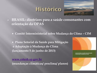  BRASIL: diretrizes para a saúde consonantes com
orientação da OPAS
 Comitê Interministerial sobre Mudança do Clima – CIM
 Plano Setorial da Saúde para Mitigação
e Adaptação à Mudança do Clima
(lançamento 5 de junho de 2013)
www.cetesb.sp.gov.br
(mundanças climáticas/ proclima/ planos)
 