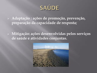  Adaptação : ações de promoção, prevenção,
preparação da capacidade de resposta;
 Mitigação: ações desenvolvidas pelos serviços
de saúde e atividades conjuntas.
 