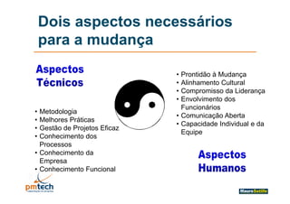 Dois aspectos necessários
    para a mudança

                              • Prontidão à Mudança
                              • Alinhamento Cultural
                              • Compromisso da Liderança
                              • Envolvimento dos
                                Funcionários
• Metodologia
                              • Comunicação Aberta
• Melhores Práticas
                              • Capacidade Individual e da
• Gestão de Projetos Eficaz
                                Equipe
• Conhecimento dos
  Processos
• Conhecimento da
  Empresa
• Conhecimento Funcional
 