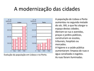 A modernização das cidades
Evolução da população em Lisboa e no Porto.
A população de Lisboa o Porto
aumentou na segunda metade
do séc. XIX, o que fez alargar o
espaço destas cidades.
Abriram-se rua e avenidas,
praças e jardins públicos,
construíram-se escolas,
tribunais, hospitais ou
mercados.
A higiene e a saúde pública
aumentaram: limpeza de ruas e
água canalizada e esgotos.
As ruas foram iluminadas.
 