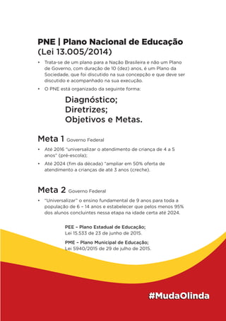 PNE | Plano Nacional de Educação
(Lei 13.005/2014)
•	 Trata-se de um plano para a Nação Brasileira e não um Plano
de Governo, com duração de 10 (dez) anos, é um Plano da
Sociedade, que foi discutido na sua concepção e que deve ser
discutido e acompanhado na sua execução.
•	 O PNE está organizado da seguinte forma:
		Diagnóstico;
		Diretrizes;
		 Objetivos e Metas.
Meta 1 Governo Federal
•	 Até 2016 “universalizar o atendimento de criança de 4 a 5
anos” (pré-escola);
•	 Até 2024 (fim da década) “ampliar em 50% oferta de
atendimento a crianças de até 3 anos (creche).
Meta 2 Governo Federal
•	 “Universalizar” o ensino fundamental de 9 anos para toda a
população de 6 – 14 anos e estabelecer que pelos menos 95%
dos alunos concluintes nessa etapa na idade certa até 2024.
		 PEE – Plano Estadual de Educação;
		 Lei 15.533 de 23 de junho de 2015.
		 PME – Plano Municipal de Educação;
		 Lei 5940/2015 de 29 de julho de 2015.
 