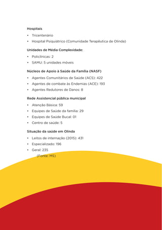 Hospitais
•	 Tricentenário
•	 Hospital Psiquiátrico (Comunidade Terapêutica de Olinda)
Unidades de Média Complexidade:
•	 Policlínicas: 2
•	 SAMU: 5 unidades móveis
Núcleos de Apoio à Saúde da Família (NASF)
•	 Agentes Comunitários de Saúde (ACS): 422
•	 Agentes de combate às Endemias (ACE): 193
•	 Agentes Redutores de Danos: 8
Rede Assistencial pública municipal
•	 Atenção Básica: 59
•	 Equipes de Saúde da família: 29
•	 Equipes de Saúde Bucal: 01
•	 Centro de saúde: 5
Situação da saúde em Olinda
•	 Leitos de internação (2015): 431
•	 Especializado: 196
•	 Geral: 235
	 (Fonte: MS)
 