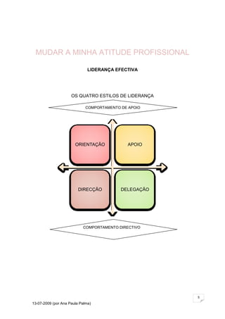 MUDAR A MINHA ATITUDE PROFISSIONAL

                              LIDERANÇA EFECTIVA




                     OS QUATRO ESTILOS DE LIDERANÇA

                             COMPORTAMENTO DE APOIO




                       ORIENTAÇÃO             APOIO




                         DIRECÇÃO          DELEGAÇÃO




                           COMPORTAMENTO DIRECTIVO




                                                       5

13-07-2009 (por Ana Paula Palma)
 