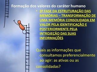 Formação dos valores do caráter humano
• 3ª FASE DA ESTRUTURAÇÃO DAS
MEMÓRIAS – TRANSFORMAÇÃO DE
UMA MEMÓRIA CONSOLIDADA EM
VALOR PELA IDENTIFICAÇÃO E
POSTERIORMENTE PELA
INTROJEÇÃO DAS SUAS
INFORMAÇÕES
Quais as informações que
consultamos preferencialmente
ao agir: as ativas ou as
consolidadas?
 