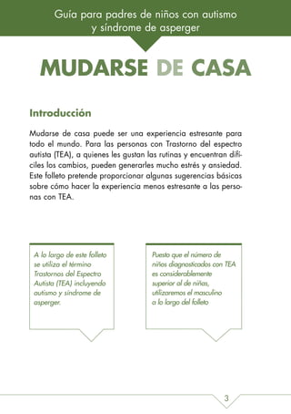 Guía para padres de niños con autismo
               y síndrome de asperger



   MUDARSE DE CASA
Introducción
Mudarse de casa puede ser una experiencia estresante para
todo el mundo. Para las personas con Trastorno del espectro
autista (TEA), a quienes les gustan las rutinas y encuentran difí-
ciles los cambios, pueden generarles mucho estrés y ansiedad.
Este folleto pretende proporcionar algunas sugerencias básicas
sobre cómo hacer la experiencia menos estresante a las perso-
nas con TEA.




 A lo largo de este folleto           Puesto que el número de
 se utiliza el término                niños diagnosticados con TEA
 Trastornos del Espectro              es considerablemente
 Autista (TEA) incluyendo             superior al de niñas,
 autismo y síndrome de                utilizaremos el masculino
 asperger.                            a lo largo del folleto




                                                              3
 