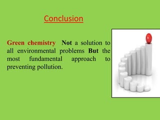 Conclusion
Green chemistry Not a solution to
all environmental problems But the
most fundamental approach to
preventing pollution.
 