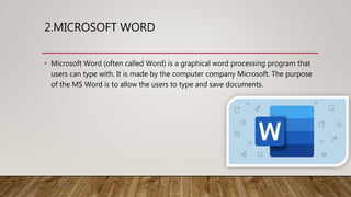 FEATURES OF MS WORDS
• Creating and saving a file
• Editing and formatting a
document
• Paragraph formatting
• Inserting h...