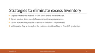 Strategies to eliminate excess Inventory
 Dispose off obsolete material to save space and to avoid confusion.
 Do not produce items ahead of customer's delivery requirements.
 Do not manufacture products in excess of customer's requirements.
 Making value flow at the pull of the customer, the idea of Just in Time (JIT) production.
PROPERTY OF INDUS BUSINESS ACADEMY 7December 14, 2015
 