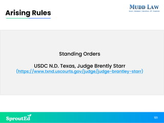 Standing Orders
USDC N.D. Texas, Judge Brently Starr
(https://www.txnd.uscourts.gov/judge/judge-brantley-starr)
101
Arising Rules
 