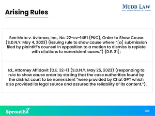 See Mata v. Avianca, Inc., No. 22-cv-1461 (PKC), Order to Show Cause
(S.D.N.Y. May 4, 2023) (issuing rule to show cause where “[a] submission
filed by plaintiff’s counsel in opposition to a motion to dismiss is replete
with citations to nonexistent cases.”) (D.E. 31);
Id., Attorney Affidavit (D.E. 32-1) (S.D.N.Y. May 25, 2023) (responding to
rule to show cause order by stating that the case authorities found by
the district court to be nonexistent “were provided by Chat GPT which
also provided its legal source and assured the reliability of its content.”).
106
Arising Rules
 