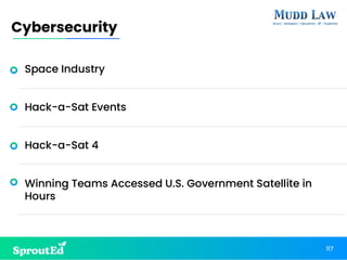 117
Cybersecurity
Space Industry
Hack-a-Sat Events
Hack-a-Sat 4
Winning Teams Accessed U.S. Government Satellite in
Hours
 