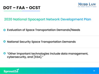 Evaluation of Space Transportation Demands/Needs
National Security Space Transportation Demands
“Other important technologies include data management,
cybersecurity, and [SSA].”
DOT – FAA - OCST
14
2020 National Spaceport Network Development Plan
 