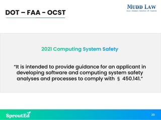 2021 Computing System Safety
“It is intended to provide guidance for an applicant in
developing software and computing system safety
analyses and processes to comply with § 450.141.”
DOT – FAA - OCST
20
 