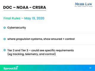 Cybersecurity
where propulsion systems, show ensured + control
Tier 2 and Tier 3 – could see specific requirements
(eg tracking, telemetry, and control)
DOC – NOAA - CRSRA
30
Final Rules – May 19, 2020
 