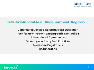 Multi-Jurisdictional, Multi-Disciplinary, and Obligatory
Continue to Develop Guidelines as Foundation
Push for New Treaty – Encompassing or Limited
International Agreements
Encourage Industry Best Practices
Modernize Regulations
Collaboration
54
 