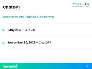 78
ChatGPT
Generative Pre-Trained Transformer
May 2021 – GPT 3.5
November 30, 2022 – ChatGPT
 