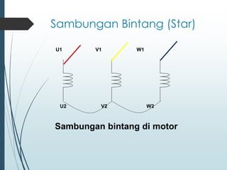 Sambungan Bintang (Star)
U1 V1 W1
U2 V2 W2
Sambungan bintang di motor
 