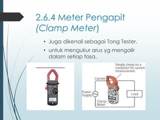 2.6.4 Meter Pengapit
(Clamp Meter)
• Juga dikenali sebagai Tong Tester.
• untuk mengukur arus yg mengalir
dalam setiap fasa.
 