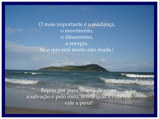 O mais importante é a mudança, o movimento, o dinamismo, a energia. Só o que está morto não muda ! Repito por pura alegria de viver: a salvação é pelo risco, sem o qual a vida não vale a pena!  