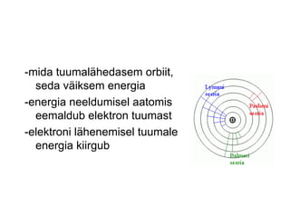 -mida tuumalähedasem orbiit,
  seda väiksem energia
-energia neeldumisel aatomis
  eemaldub elektron tuumast
-elektroni lähenemisel tuumale
  energia kiirgub
 