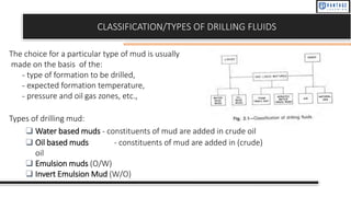 CLASSIFICATION/TYPES OF DRILLING FLUIDS
The choice for a particular type of mud is usually
made on the basis of the:
- type of formation to be drilled,
- expected formation temperature,
- pressure and oil gas zones, etc.,
Types of drilling mud:
❑ Water based muds - constituents of mud are added in crude oil
❑ Oil based muds - constituents of mud are added in (crude)
oil
❑ Emulsion muds (O/W)
❑ Invert Emulsion Mud (W/O)
 
