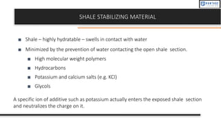 SHALE STABILIZING MATERIAL
■ Shale – highly hydratable – swells in contact with water
■ Minimized by the prevention of water contacting the open shale section.
■ High molecular weight polymers
■ Hydrocarbons
■ Potassium and calcium salts (e.g. KCl)
■ Glycols
A specific ion of additive such as potassium actually enters the exposed shale section
and neutralizes the charge on it.
 