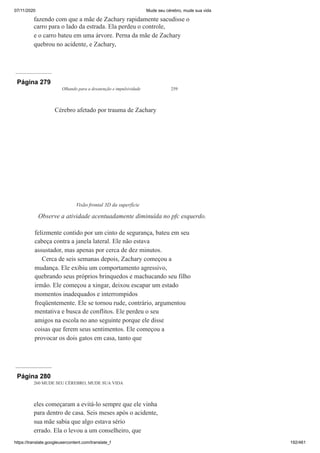 07/11/2020 Mude seu cérebro, mude sua vida
https://translate.googleusercontent.com/translate_f 192/461
fazendo com que a mãe de Zachary rapidamente sacudisse o
carro para o lado da estrada. Ela perdeu o controle,
e o carro bateu em uma árvore. Perna da mãe de Zachary
quebrou no acidente, e Zachary,
Página 279
Olhando para a desatenção e impulsividade 259
felizmente contido por um cinto de segurança, bateu em seu
cabeça contra a janela lateral. Ele não estava
assustador, mas apenas por cerca de dez minutos.
Cerca de seis semanas depois, Zachary começou a
mudança. Ele exibiu um comportamento agressivo,
quebrando seus próprios brinquedos e machucando seu filho
irmão. Ele começou a xingar, deixou escapar um estado
momentos inadequados e interrompidos
freqüentemente. Ele se tornou rude, contrário, argumentou
mentativa e busca de conflitos. Ele perdeu o seu
amigos na escola no ano seguinte porque ele disse
coisas que ferem seus sentimentos. Ele começou a
provocar os dois gatos em casa, tanto que
Cérebro afetado por trauma de Zachary
Visão frontal 3D da superfície
Observe a atividade acentuadamente diminuída no pfc esquerdo.
Página 280
260 MUDE SEU CÉREBRO, MUDE SUA VIDA
eles começaram a evitá-lo sempre que ele vinha
para dentro de casa. Seis meses após o acidente,
sua mãe sabia que algo estava sério
errado. Ela o levou a um conselheiro, que
 