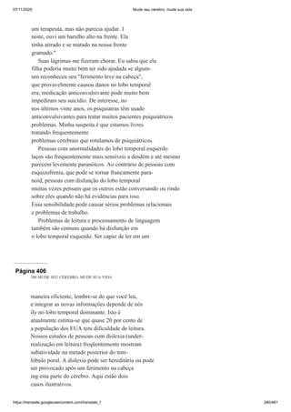 07/11/2020 Mude seu cérebro, mude sua vida
https://translate.googleusercontent.com/translate_f 280/461
um terapeuta, mas não parecia ajudar. 1
noite, ouvi um barulho alto na frente. Ela
tinha atirado e se matado na nossa frente
gramado."
Suas lágrimas me fizeram chorar. Eu sabia que ela
filha poderia muito bem ter sido ajudada se algum-
um reconheceu seu "ferimento leve na cabeça",
que provavelmente causou danos no lobo temporal
era; medicação anticonvulsivante pode muito bem
impediram seu suicídio. De interesse, no
nos últimos vinte anos, os psiquiatras têm usado
anticonvulsivantes para tratar muitos pacientes psiquiátricos
problemas. Minha suspeita é que estamos livres
tratando frequentemente
problemas cerebrais que rotulamos de psiquiátricos.
Pessoas com anormalidades do lobo temporal esquerdo
laços são frequentemente mais sensíveis a desdém e até mesmo
parecem levemente paranóicos. Ao contrário de pessoas com
esquizofrenia, que pode se tornar francamente para-
noid, pessoas com disfunção do lobo temporal
muitas vezes pensam que os outros estão conversando ou rindo
sobre eles quando não há evidências para isso.
Essa sensibilidade pode causar sérios problemas relacionais
e problemas de trabalho.
Problemas de leitura e processamento de linguagem
também são comuns quando há disfunção em
o lobo temporal esquerdo. Ser capaz de ler em um
Página 406
386 MUDE SEU CÉREBRO, MUDE SUA VIDA
maneira eficiente, lembre-se do que você leu,
e integrar as novas informações depende de nós
ily no lobo temporal dominante. Isto é
atualmente estima-se que quase 20 por cento de
a população dos EUA tem dificuldade de leitura.
Nossos estudos de pessoas com dislexia (under-
realização em leitura) freqüentemente mostram
subatividade na metade posterior do tem-
lóbulo poral. A dislexia pode ser hereditária ou pode
ser provocado após um ferimento na cabeça
ing esta parte do cérebro. Aqui estão dois
casos ilustrativos.
 