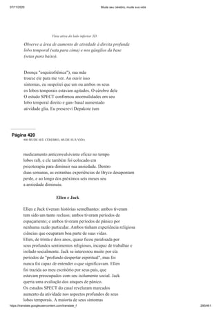 07/11/2020 Mude seu cérebro, mude sua vida
https://translate.googleusercontent.com/translate_f 290/461
Doença "esquizofrênica"), sua mãe
trouxe ele para me ver. Ao ouvir isso
sintomas, eu suspeitei que um ou ambos os seus
os lobos temporais estavam agitados. O cérebro dele
O estudo SPECT confirmou anormalidades em seu
lobo temporal direito e gan- basal aumentado
atividade glia. Eu prescrevi Depakote (um
Vista ativa do lado inferior 3D
Observe a área de aumento de atividade à direita profunda
lobo temporal (seta para cima) e nos gânglios da base
(setas para baixo).
Página 420
400 MUDE SEU CÉREBRO, MUDE SUA VIDA
medicamento anticonvulsivante eficaz no tempo
lobos ral), e ele também foi colocado em
psicoterapia para diminuir sua ansiedade. Dentro
duas semanas, as estranhas experiências de Bryce desapontam
perde, e ao longo dos próximos seis meses seu
a ansiedade diminuiu.
Ellen e Jack
Ellen e Jack tiveram histórias semelhantes: ambos tiveram
tem sido um tanto recluso; ambos tiveram períodos de
espaçamento; e ambos tiveram períodos de pânico por
nenhuma razão particular. Ambos tinham experiência religiosa
ciências que ocuparam boa parte de suas vidas.
Ellen, de trinta e dois anos, quase ficou paralisada por
seus profundos sentimentos religiosos, incapaz de trabalhar e
isolado socialmente. Jack se interessou muito por ela
períodos de "profundo despertar espiritual", mas foi
nunca foi capaz de entender o que significavam. Ellen
foi trazida ao meu escritório por seus pais, que
estavam preocupados com seu isolamento social. Jack
queria uma avaliação dos ataques de pânico.
Os estudos SPECT do casal revelaram marcados
aumento da atividade nos aspectos profundos de seus
lobos temporais. A maioria de seus sintomas
 