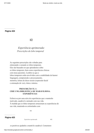 07/11/2020 Mude seu cérebro, mude sua vida
https://translate.googleusercontent.com/translate_f 293/461
Página 424
404
12
Experiência aprimorada:
Prescrições do lobo temporal
As seguintes prescrições são voltadas para
otimizando e curando os lobos temporais.
Eles são baseados no que aprendemos sobre
os lobos temporais, bem como experiências clínicas
com meus pacientes. Lembre-se que o
lobos temporais estão envolvidos com a estabilidade do humor
linguagem, compreensão e processamento,
memória, leitura de dicas sociais (expressão facial
e entonação de voz), ritmo e música.
PRESCRIÇÃO TL 1:
CRIE UMA BIBLIOTECA DE MARAVILHOSA
EXPERIÊNCIAS
Esforce-se por uma série de experiências que o manterão
motivado, saudável e animado com sua vida.
À medida que os lobos temporais armazenam as experiências de
sua vida, mantendo-os estimulados com
Página 425
Experiência aprimorada 405
os positivos ajudarão a mantê-lo saudável. Comemoro
 