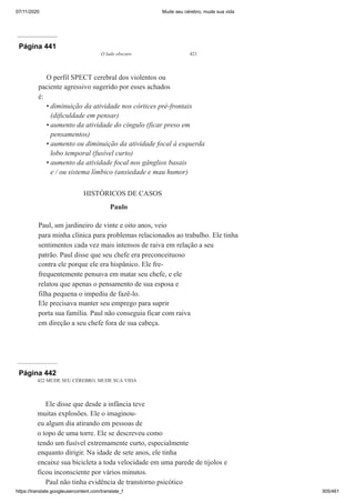 07/11/2020 Mude seu cérebro, mude sua vida
https://translate.googleusercontent.com/translate_f 305/461
Página 441
O lado obscuro 421
O perfil SPECT cerebral dos violentos ou
paciente agressivo sugerido por esses achados
é:
diminuição da atividade nos córtices pré-frontais
(dificuldade em pensar)
aumento da atividade do cíngulo (ficar preso em
pensamentos)
aumento ou diminuição da atividade focal à esquerda
lobo temporal (fusível curto)
aumento da atividade focal nos gânglios basais
e / ou sistema límbico (ansiedade e mau humor)
HISTÓRICOS DE CASOS
Paulo
Paul, um jardineiro de vinte e oito anos, veio
para minha clínica para problemas relacionados ao trabalho. Ele tinha
sentimentos cada vez mais intensos de raiva em relação a seu
patrão. Paul disse que seu chefe era preconceituoso
contra ele porque ele era hispânico. Ele fre-
frequentemente pensava em matar seu chefe, e ele
relatou que apenas o pensamento de sua esposa e
filha pequena o impediu de fazê-lo.
Ele precisava manter seu emprego para suprir
porta sua família. Paul não conseguia ficar com raiva
em direção a seu chefe fora de sua cabeça.
•
•
•
•
Página 442
422 MUDE SEU CÉREBRO, MUDE SUA VIDA
Ele disse que desde a infância teve
muitas explosões. Ele o imaginou-
eu algum dia atirando em pessoas de
o topo de uma torre. Ele se descreveu como
tendo um fusível extremamente curto, especialmente
enquanto dirigir. Na idade de sete anos, ele tinha
encaixe sua bicicleta a toda velocidade em uma parede de tijolos e
ficou inconsciente por vários minutos.
Paul não tinha evidência de transtorno psicótico
 