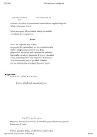 07/11/2020 Mude seu cérebro, mude sua vida
https://translate.googleusercontent.com/translate_f 308/461
lóbulo anos antes. Ele sentiu que poderia ter mudado
o resultado de seu casamento.
Marca
Mark, um corporativo de 34 anos
empregado, foi encaminhado por seu conselheiro após
ele teve alta prematuramente de uma droga
programa de tratamento para o pensamento psicótico.
Mark tinha entrado em tratamento de drogas voluntário
Tarily, tentando quebrar uma anfetamina de dez anos
vício. Inicialmente parecia que Mark tinha um
psicose anfetamínica, mas depois de quatro meses
Lado inferior 3-D ativo
Visão
Visão ativa do lado 3D
Observe a atividade acentuadamente aumentada no temporal esquerdo
lóbulo e cingulado (setas).
Página 446
426 MUDE SEU CÉREBRO, MUDE SUA VIDA
livre de quaisquer drogas, sua paranóia e agressividade
Cérebro afetado pela agressão de Mark
Visão 3D da superfície inferior
Observe a diminuição acentuada da atividade, especialmente na esquerda
lobo temporal (seta).
 