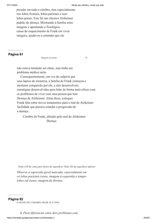 07/11/2020 Mude seu cérebro, mude sua vida
https://translate.googleusercontent.com/translate_f 40/461
pressão em todo o cérebro, mas especialmente
nos lobos frontais, lobos parietais e tem-
lobos porais. Este foi um clássico Alzheimer
padrão de doença. Mostrando à família estes
imagens e apontando o fisiológico
causa do esquecimento de Frank em viver
imagens, ajudei-os a entender que ele
Página 61
Imagens na mente 41
não estava tentando ser chato, mas tinha um
problema médico sério.
Consequentemente, em vez de culpá-lo por
seus lapsos de memória, a família de Frank começou a
mostram compaixão por ele, e eles desenvolvem
estratégias desenvolvidas para lidar de forma mais eficaz com
os problemas de viver com uma pessoa que tem
Doença de Alzheimer. Além disso, coloquei
Frank fala sobre novos tratamentos para o mal de Alzheimer
facilidade que parecia retardar a progressão de
a doença.
Cérebro de Frank, afetado pelo mal de Alzheimer
Doença
Visão 3-D de cima para baixo da superfície Visão 3D da superfície inferior
Observe a supressão geral marcada, especialmente em
os lobos parietais (setas, imagem à esquerda) e tempo-
lobos ral (setas, imagem da direita).
Página 62
42 MUDE SEU CÉREBRO, MUDE SUA VIDA
4. Para diferenciar entre dois problemas com
 