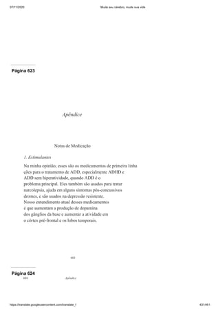 07/11/2020 Mude seu cérebro, mude sua vida
https://translate.googleusercontent.com/translate_f 431/461
Página 622
Página 623
603
Apêndice
Notas de Medicação
1. Estimulantes
Na minha opinião, esses são os medicamentos de primeira linha
ções para o tratamento de ADD, especialmente ADHD e
ADD sem hiperatividade, quando ADD é o
problema principal. Eles também são usados para tratar
narcolepsia, ajuda em alguns sintomas pós-concussivos
dromes, e são usados na depressão resistente.
Nosso entendimento atual desses medicamentos
é que aumentam a produção de dopamina
dos gânglios da base e aumentar a atividade em
o córtex pré-frontal e os lobos temporais.
Página 624
604 Apêndice
 