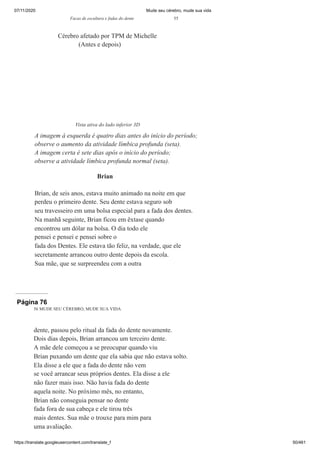 07/11/2020 Mude seu cérebro, mude sua vida
https://translate.googleusercontent.com/translate_f 50/461
Facas de escultura e fadas do dente 55
Brian
Brian, de seis anos, estava muito animado na noite em que
perdeu o primeiro dente. Seu dente estava seguro sob
seu travesseiro em uma bolsa especial para a fada dos dentes.
Na manhã seguinte, Brian ficou em êxtase quando
encontrou um dólar na bolsa. O dia todo ele
pensei e pensei e pensei sobre o
fada dos Dentes. Ele estava tão feliz, na verdade, que ele
secretamente arrancou outro dente depois da escola.
Sua mãe, que se surpreendeu com a outra
Cérebro afetado por TPM de Michelle
(Antes e depois)
Vista ativa do lado inferior 3D
A imagem à esquerda é quatro dias antes do início do período;
observe o aumento da atividade límbica profunda (seta).
A imagem certa é sete dias após o início do período;
observe a atividade límbica profunda normal (seta).
Página 76
56 MUDE SEU CÉREBRO, MUDE SUA VIDA
dente, passou pelo ritual da fada do dente novamente.
Dois dias depois, Brian arrancou um terceiro dente.
A mãe dele começou a se preocupar quando viu
Brian puxando um dente que ela sabia que não estava solto.
Ela disse a ele que a fada do dente não vem
se você arrancar seus próprios dentes. Ela disse a ele
não fazer mais isso. Não havia fada do dente
aquela noite. No próximo mês, no entanto,
Brian não conseguia pensar no dente
fada fora de sua cabeça e ele tirou três
mais dentes. Sua mãe o trouxe para mim para
uma avaliação.
 