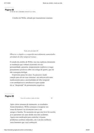 07/11/2020 Mude seu cérebro, mude sua vida
https://translate.googleusercontent.com/translate_f 59/461
Página 88
68 MUDE SEU CÉREBRO, MUDE SUA VIDA
O estudo do cérebro de Willie, isso me explicou claramente
as mudanças que vinham ocorrendo em seu
personalidade: paranóia, temperamento explosivo e nega-
pensamentos positivos sobre seu colega de quarto, que ele
não conseguia desligar.
O próximo passo foi claro. Eu prescrevi medi-
catação para aliviar seus sintomas: um anticonvulsivante
medicamento para a anormalidade do lobo temporal
e um antidepressivo antiobsessivo para ajudar
ele se “desprende” de pensamentos negativos.
Cérebro de Willie, afetado por traumatismo craniano
Visão ativa do lado 3D
Observe o cíngulo e a esquerda marcadamente aumentados
atividade do lobo temporal (setas) .
Página 89
Facas de escultura e fadas do dente 69
Após várias semanas de tratamento, os resultados
foram dramáticos. Willie começou a recuperar seu
senso de humor e se reconectar com o seu
amigos e família. No momento em que este livro foi escrito,
já se passaram seis anos desde seus dois acidentes.
Agora com medicação para controlar o trauma
problemas cerebrais induzidos, ele é um dos melhores
seres humanos que você conhecerá.
 