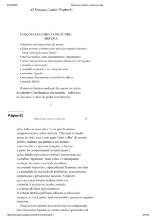 07/11/2020 Mude seu cérebro, mude sua vida
https://translate.googleusercontent.com/translate_f 62/461
72
O Sistema Limbic Profundo
FUNÇÕES DO LÍMBICO PROFUNDO
SISTEMA
define o tom emocional da mente
filtra eventos externos por meio de estados internos
(cria coloração emocional)
marca eventos como internamente importantes
armazena memórias emocionais altamente carregadas
modula a motivação
controla o apetite e os ciclos de sono
promove ligação
processa diretamente o sentido do olfato
modula libido
O sistema límbico profundo fica perto do centro
do cérebro. Considerando seu tamanho - sobre isso
de uma noz, é cheio de poder com funções
•
•
•
•
•
•
•
•
•
Página 93
Olhando para o amor e a depressão 73
ções, todas as quais são críticas para humanos
comportamento e sobrevivência. * De uma evolução
ponto de vista, esta é uma parte "mais velha" da mamãe
cérebro maliano que permitiu aos animais
experimentar e expressar emoções. Libertou
a partir do comportamento estereotipado e
ações ditadas pelo tronco cerebral, encontradas em
o cérebro “reptiliano” mais velho. O subsequente
evolução do córtex cerebral circundante
em animais superiores, especialmente humanos, nos deu
a capacidade de resolução de problemas, planejamento,
organização e pensamento racional. Ainda em
para que essas funções tenham efeito em
o mundo, é preciso ter paixão, emoção,
e o desejo de fazer algo acontecer.
O sistema límbico profundo adiciona o emocional
tempero, se você quiser, tanto no positivo quanto no negativo
maneiras.
Esta parte do cérebro está envolvida na configuração
tom emocional. Quando o sistema límbico profundo está
 