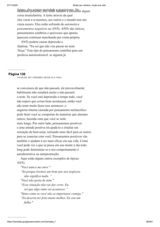 07/11/2020 Mude seu cérebro, mude sua vida
https://translate.googleusercontent.com/translate_f 88/461
futuro, eles sentem ansiedade e pessimismo. No
momento presente, eles estão fadados a encontrar algum
coisa insatisfatória. A lente através da qual
eles veem a si mesmos, aos outros e o mundo tem um
cinza escuro. Eles estão sofrendo de automática
pensamentos negativos ou ANTs. ANTs são cínicos,
pensamentos sombrios e queixosos que apenas
parecem continuar marchando por conta própria.
ANTs podem causar depressão e
fatalista. “Eu sei que não vou passar no teste
Terça." Este tipo de pensamento contribui para um
profecia autorrealizável: se alguém já
Página 130
110 MUDE SEU CÉREBRO, MUDE SUA VIDA
se convenceu de que não passará, ele provavelmente
habilmente não estudará muito e não passará
o teste. Se você está deprimido o tempo todo, você
não espere que coisas boas aconteçam, então você
não tente muito fazer isso acontecer. o
angústia interna causada por pensamento melancólico
pode fazer você se comportar de maneiras que alienam
outros, fazendo com que você se isole
mais longe. Por outro lado, pensamentos positivos
e uma atitude positiva irá ajudá-lo a irradiar um
sensação de bem-estar, tornando mais fácil para os outros
para se conectar com você. Pensamentos positivos vão
também o ajudam a ser mais eficaz em sua vida. Como
você pode ver o que se passa em sua mente o dia todo
long pode determinar se o seu comportamento é
autodestrutiva ou autopromoção.
Aqui estão alguns outros exemplos de típicas
ANTs:
"Você nunca me ouve."
“Só porque tivemos um bom ano nos negócios
não significa nada. ”
"Você não gosta de mim."
“Essa situação não vai dar certo. Eu
sei que algo ruim vai acontecer. ”
"Sinto como se você não se importasse comigo."
“Eu deveria ter feito muito melhor. Eu sou um
falha."
 