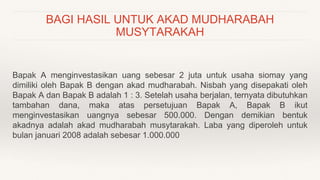 BAGI HASIL UNTUK AKAD MUDHARABAH
MUSYTARAKAH
Bapak A menginvestasikan uang sebesar 2 juta untuk usaha siomay yang
dimiliki oleh Bapak B dengan akad mudharabah. Nisbah yang disepakati oleh
Bapak A dan Bapak B adalah 1 : 3. Setelah usaha berjalan, ternyata dibutuhkan
tambahan dana, maka atas persetujuan Bapak A, Bapak B ikut
menginvestasikan uangnya sebesar 500.000. Dengan demikian bentuk
akadnya adalah akad mudharabah musytarakah. Laba yang diperoleh untuk
bulan januari 2008 adalah sebesar 1.000.000
 