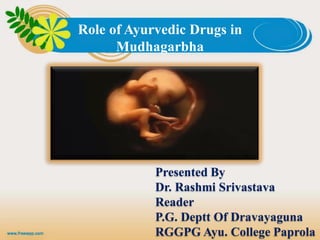 Role of Ayurvedic Drugs in
Mudhagarbha
Presented By
Dr. Rashmi Srivastava
Reader
P.G. Deptt Of Dravayaguna
RGGPG Ayu. College Paprola
 