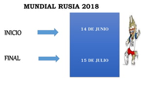 INICIO
FINAL
MUNDIAL RUSIA 2018
14 DE JUNIO
15 DE JULIO
 