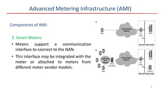 Advanced Metering Infrastructure (AMI)
Components of AMI:
2. Smart Meters:
• Meters support a communication
interface to connect to the NAN.
• This interface may be integrated with the
meter or attached to meters from
different meter vendor models.
8
 
