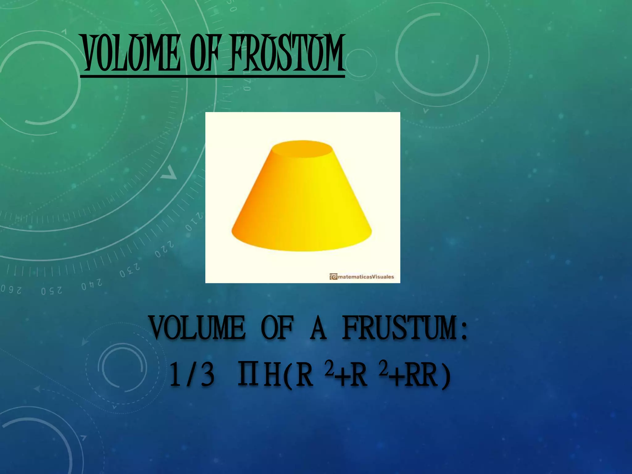 VOLUME OF FRUSTUM
VOLUME OF A FRUSTUM:
1/3 ПH(R 2+R 2+RR)
 