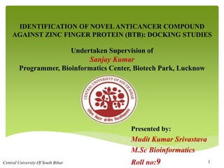 IDENTIFICATION OF NOVELANTICANCER COMPOUND
AGAINST ZINC FINGER PROTEIN (BTB): DOCKING STUDIES
Undertaken Supervision of
Sanjay Kumar
Programmer, Bioinformatics Center, Biotech Park, Lucknow
Presented by:
Mudit Kumar Srivastava
M.Sc Bioinformatics
Roll no:9Central University Of South Bihar 1
 